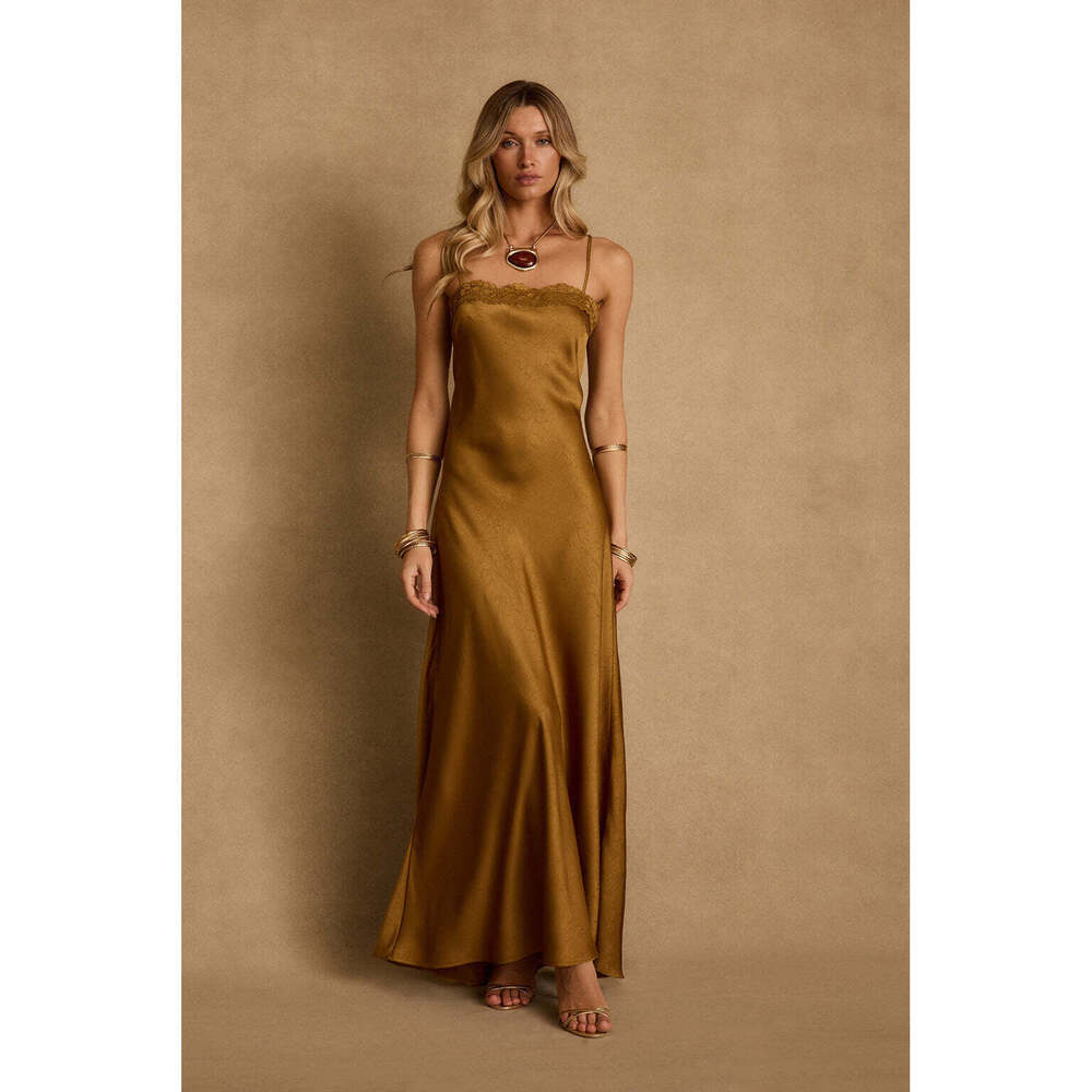 12th Tribe Fia Gold Satin Maxi Dress Size S